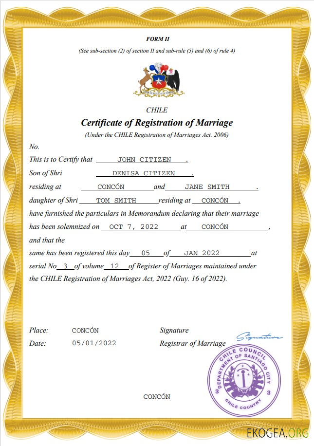 Modèle Word et PDF d'acte de mariage au Chili